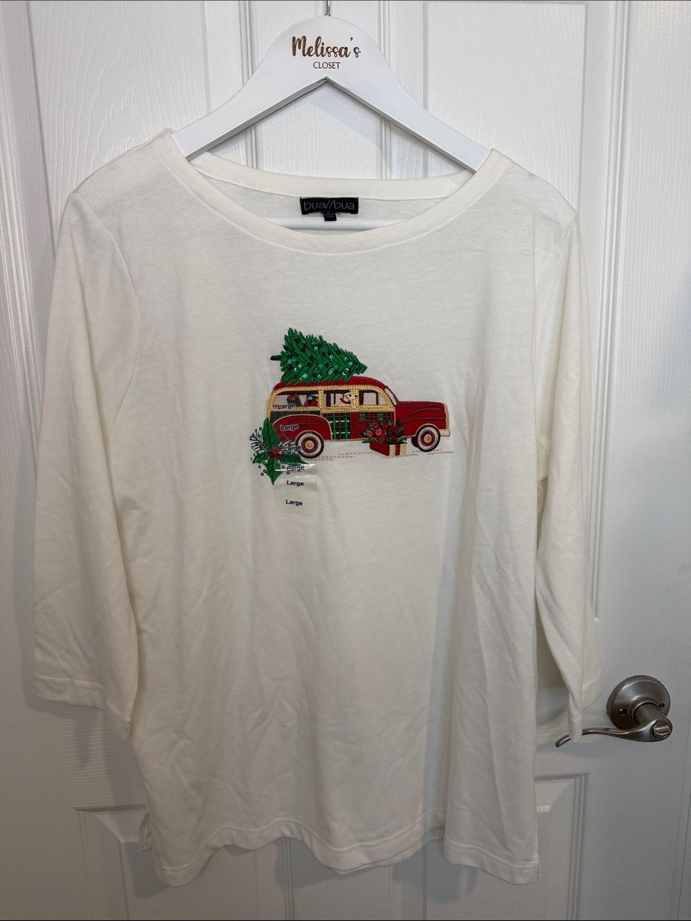 Bua//Bua White Knit Christmas Top Woodie Station Wagon Embroidered Size Large